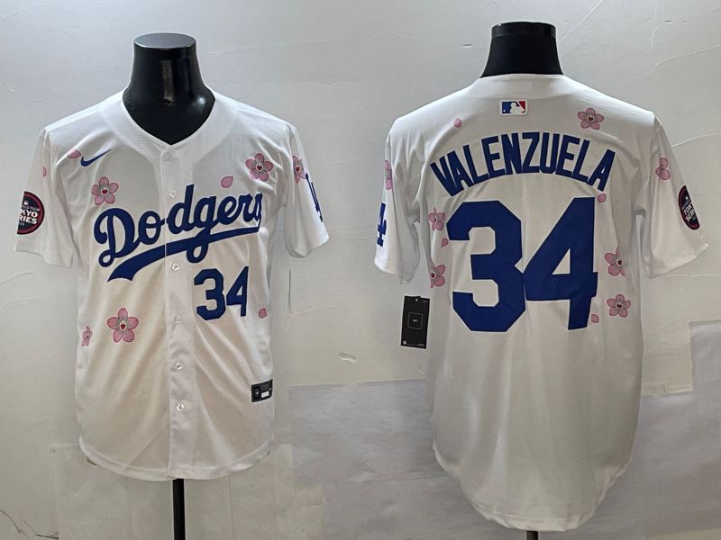 Men Los Angeles Dodgers 34 Valenzuela White Sakura Edition 2025 Nike MLB Jersey style 4
